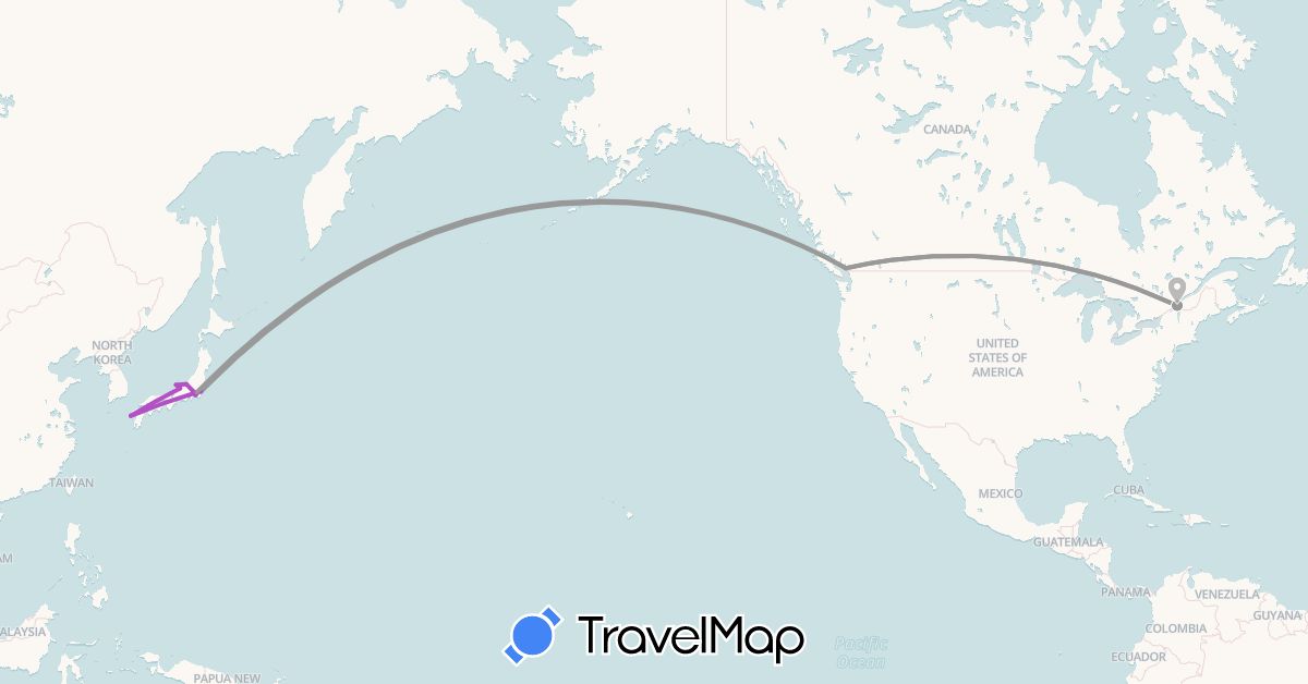 TravelMap itinerary: driving, plane, train in Canada, Japan (Asia, North America)